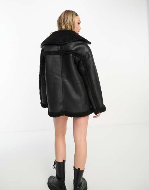 Monki faux leather and shearing aviator jacket in black