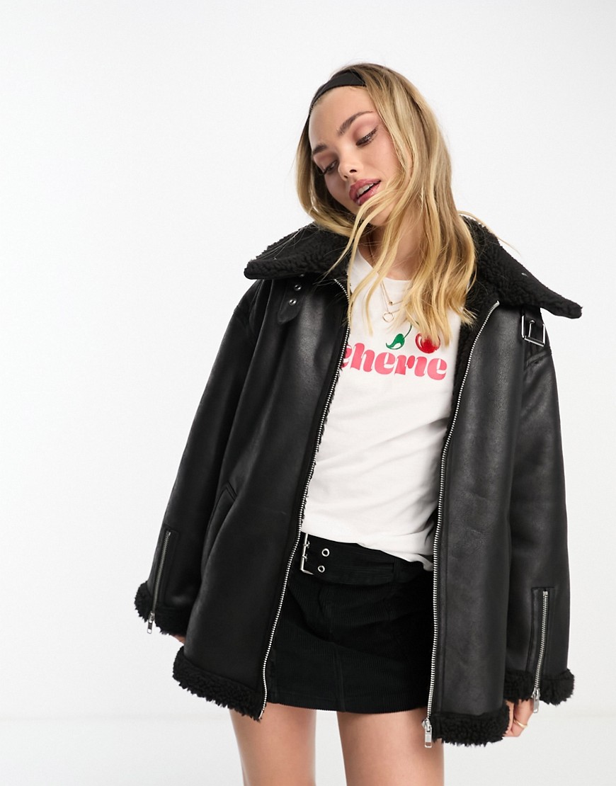Monki Faux Leather And Shearling Aviator Jacket In Black