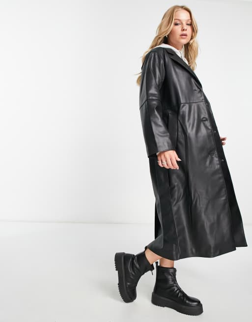 Monki faux leather belted coat in black | ASOS