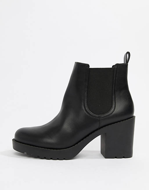 Monki faux leather cleated sole heeled ankle boots in black | ASOS