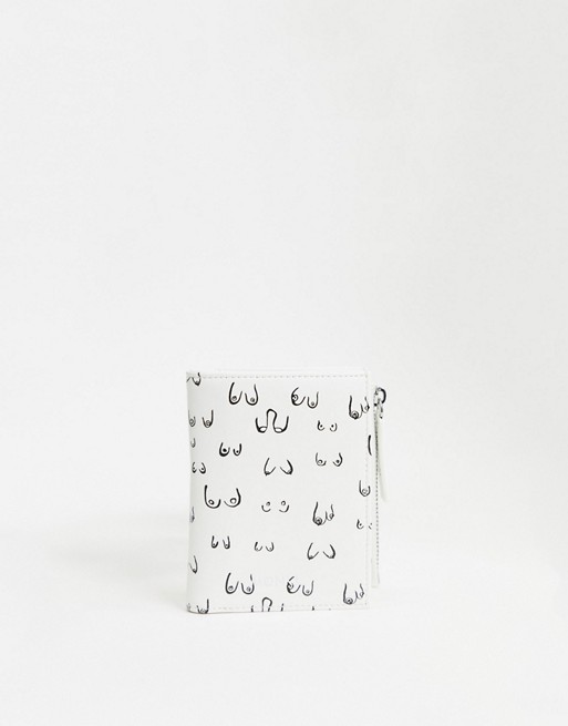 Monki faux leather coin purse with boob print in white