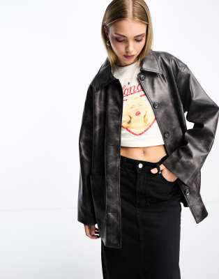 Monki faux leather longline jacket in black distressed