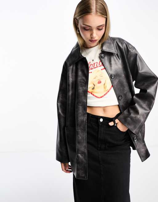 Monki faux leather longline jacket in black distressed | ASOS