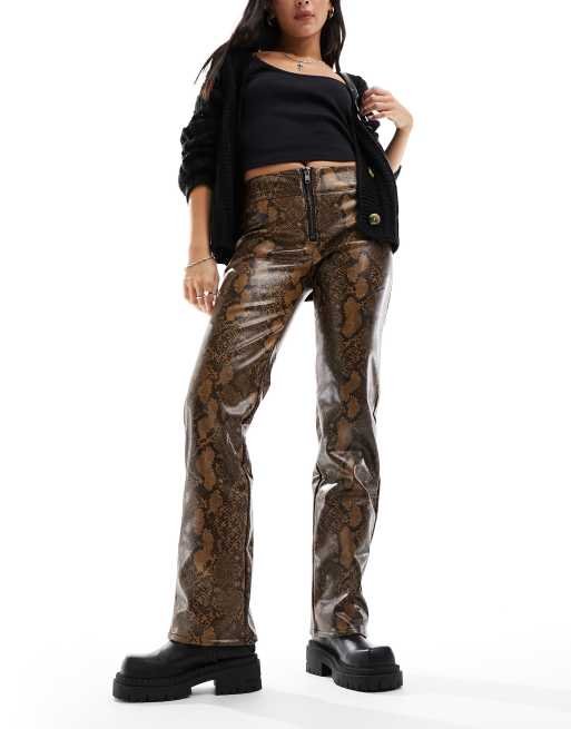 Monki faux leather low rise exposed zip straight leg pants in brown snake