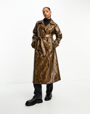 Monki faux leather oversized belted trench coat in brown snake