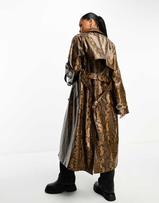 Monki faux leather oversized belted trench coat in brown snake