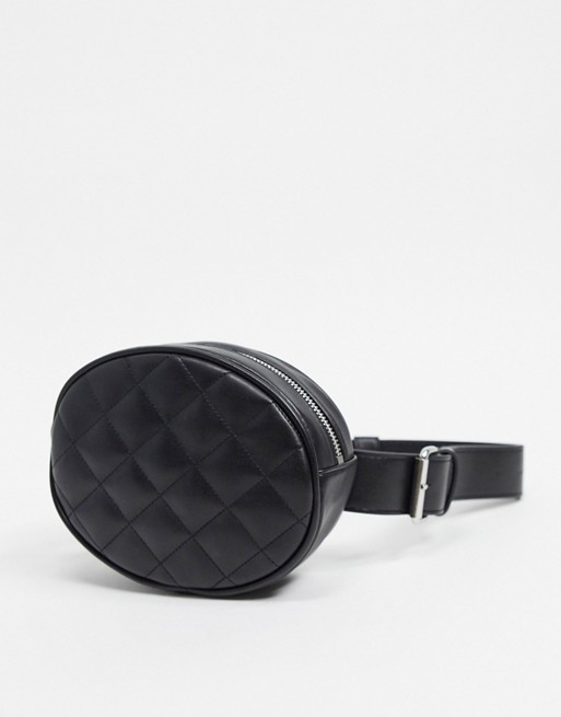 Monki faux leather quilted bumbag in black