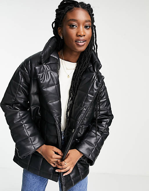 Monki faux leather quilted jacket in black
