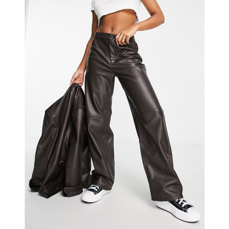 NA-KD faux leather low rise pants in brown