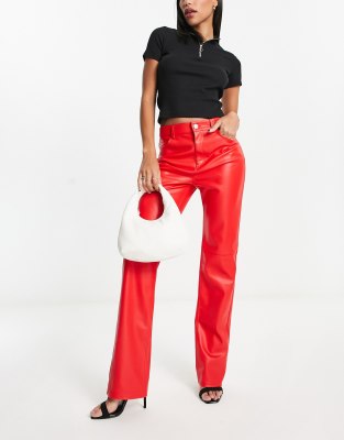 Monki faux leather straight leg pants in red