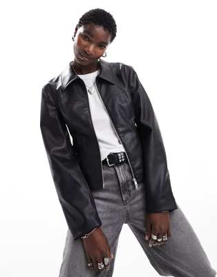 faux leather two way zipper short bomber jacket in black