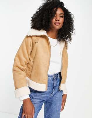 Monki faux suede and shearling jacket in beige-Neutral