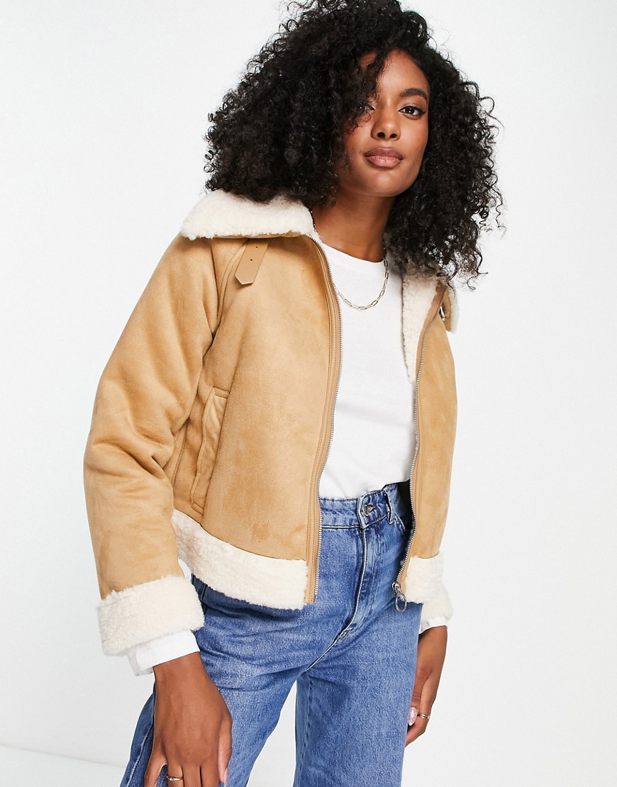 Monki Faux Suede And Shearling Jacket In Beige-neutral