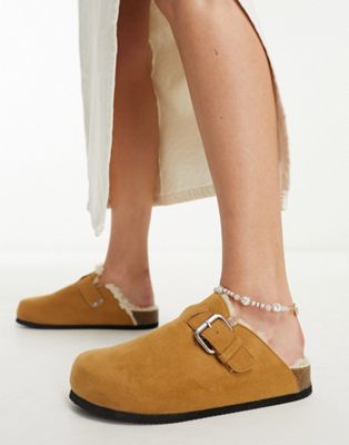 faux suede clog with buckle in brown