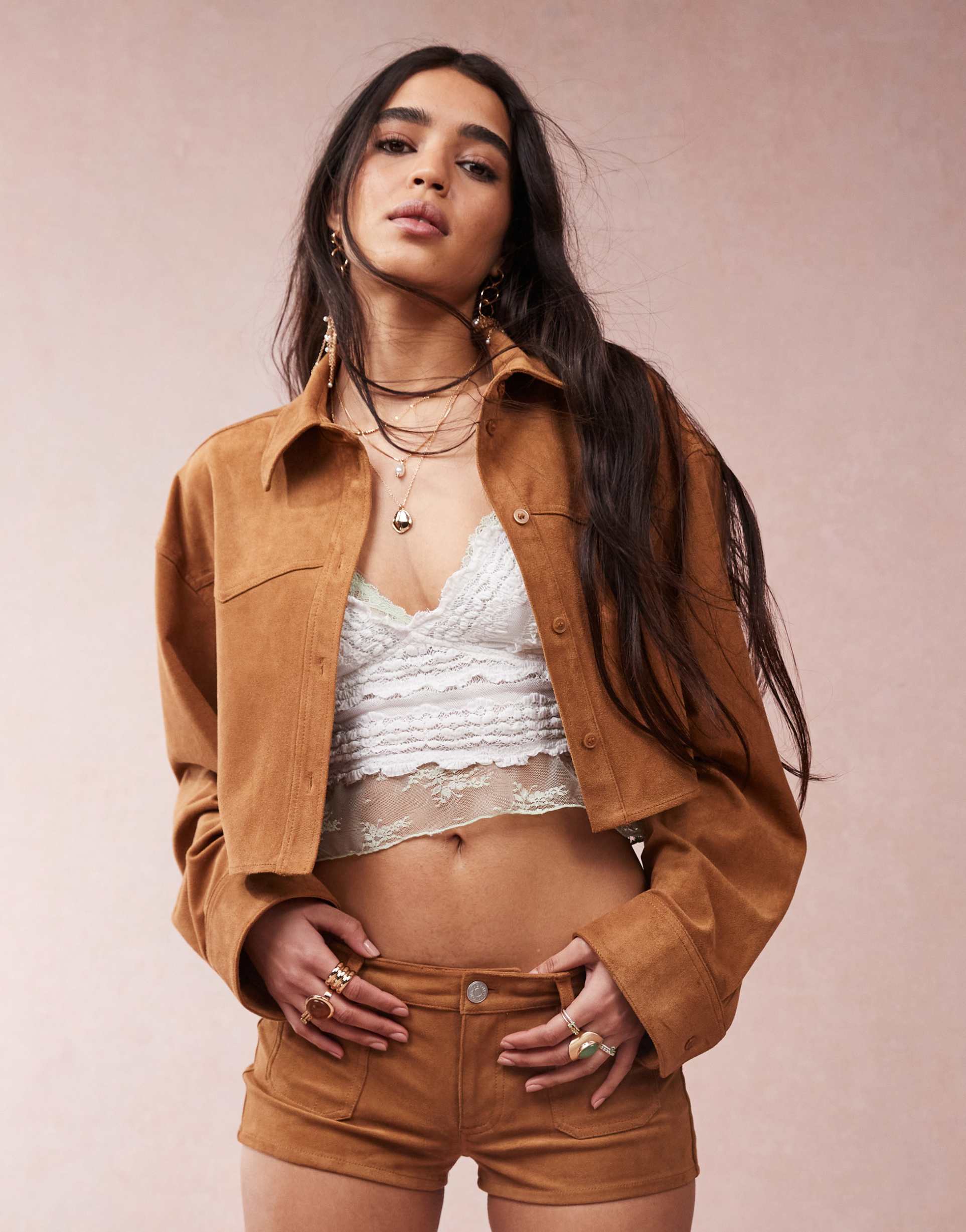 monki faux suede cropped shirt with western detail in tan - part of a set