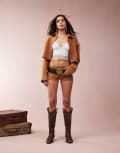 [Monki] Monki faux suede micro shorts with pocket detail in tan (part of a set)-Brown 42 Brown