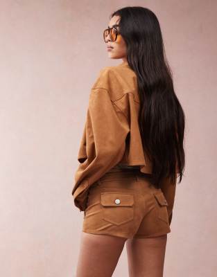 Monki Faux Suede Micro Shorts With Pocket Detail In Brown