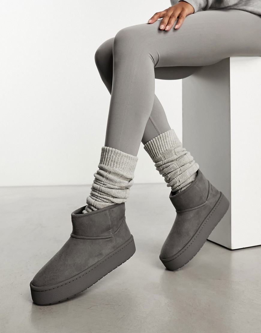 Monki Faux Suede Mini Platform Boot Slippers In Gray