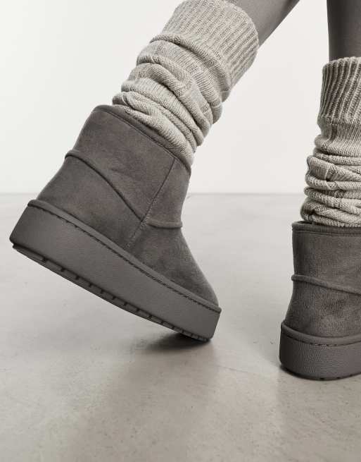 Monki faux suede mini platform boot slippers in gray