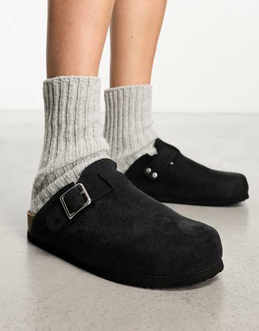 Monki faux suede slip ins clogs in black | ASOS