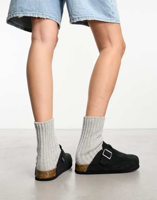 Monki faux suede slip ins clogs in black | ASOS