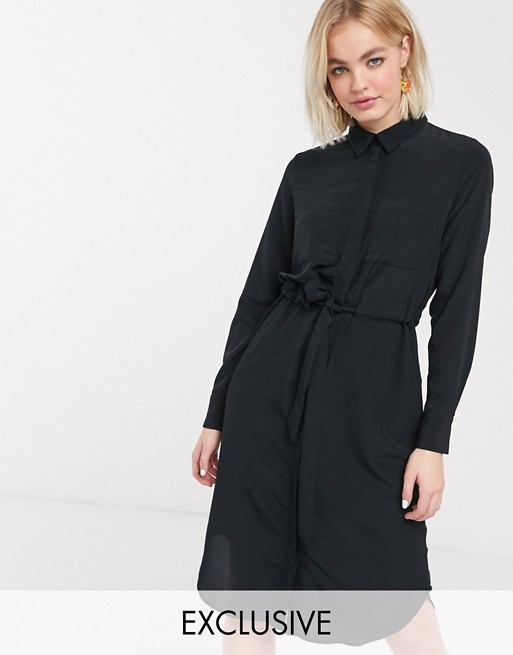 Monki Felice long sleeve midi shirt dress in black
