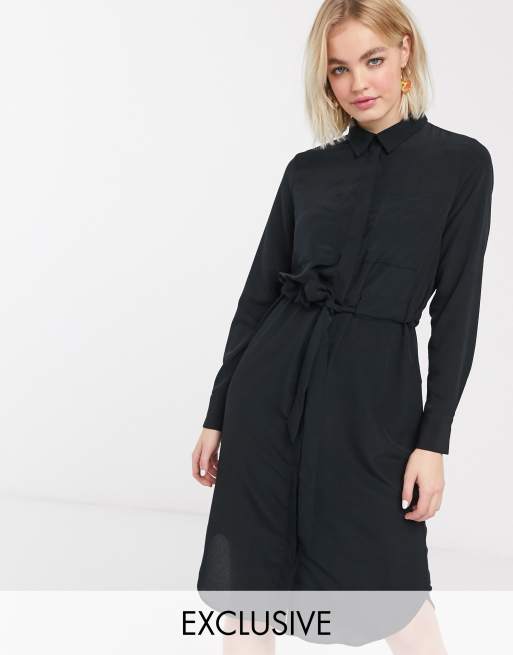 Monki Felice long sleeve midi shirt dress in black | ASOS