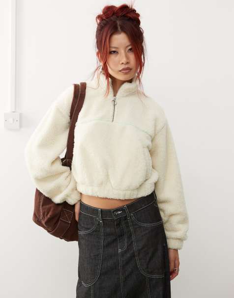 Monki - Felpa in pile borg color bianco sporco con zip corta e profili a contrasto color menta - view 1