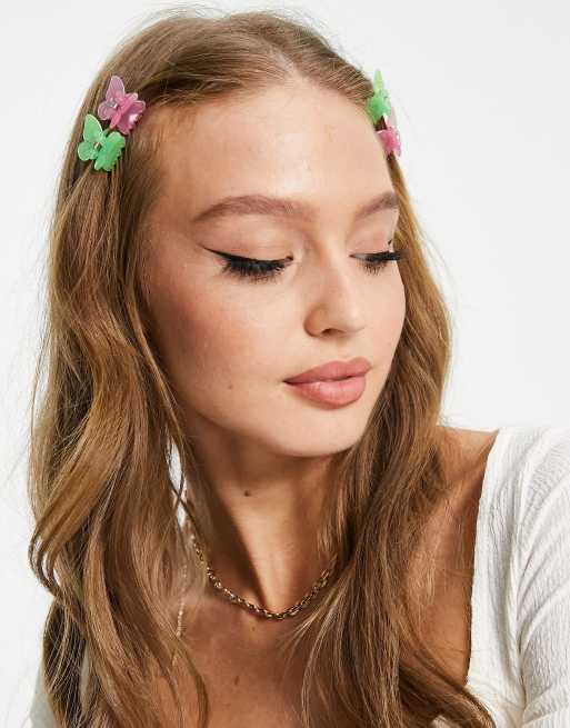 Monki - Fermagli per capelli a forma di farfalla, colore verde e rosa