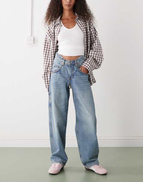Monki Fever wide legworkwear jeans in blue wash