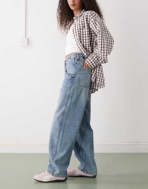 Monki Fever wide leg workwear jeans in blue wash, 3 of 5