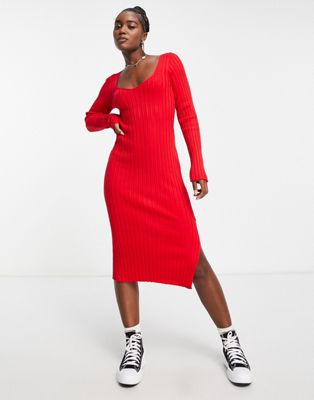 Monki rib knit bodycon midi dress in red - ASOS Price Checker