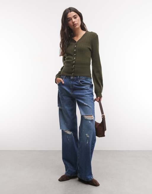 Monki figursyet cardigan med indsnøret talje i khaki, 2 af 4