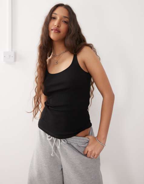 Monki fine rib scoop singlet in black - view 1