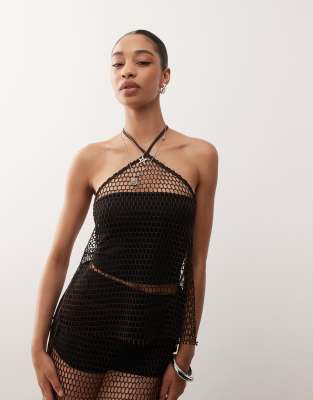 Monki Fishnet Halter Neck Top In Brown
