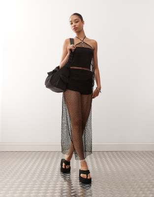 Monki Fishnet Halter Neck Top In Brown