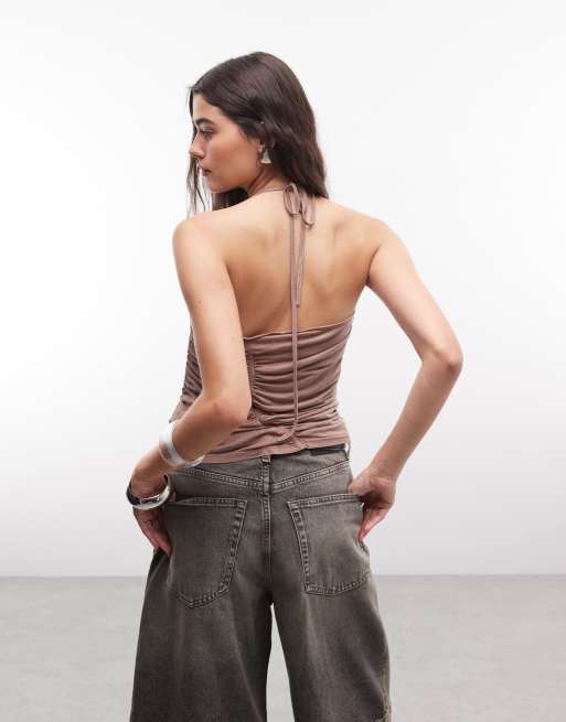 Monki fitted asymmetric festival top in washed brown, 4 of 4
