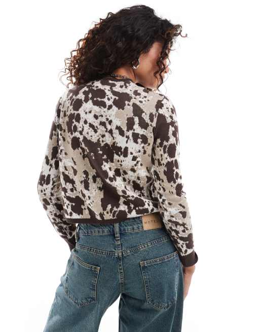 Monki fitted cardigan in brown cow print | ASOS