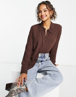 Monki fitted crepe shirt in brown