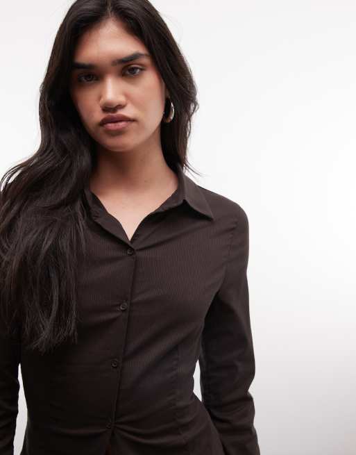 Monki fitted shirt in dark brown, 3 of 4