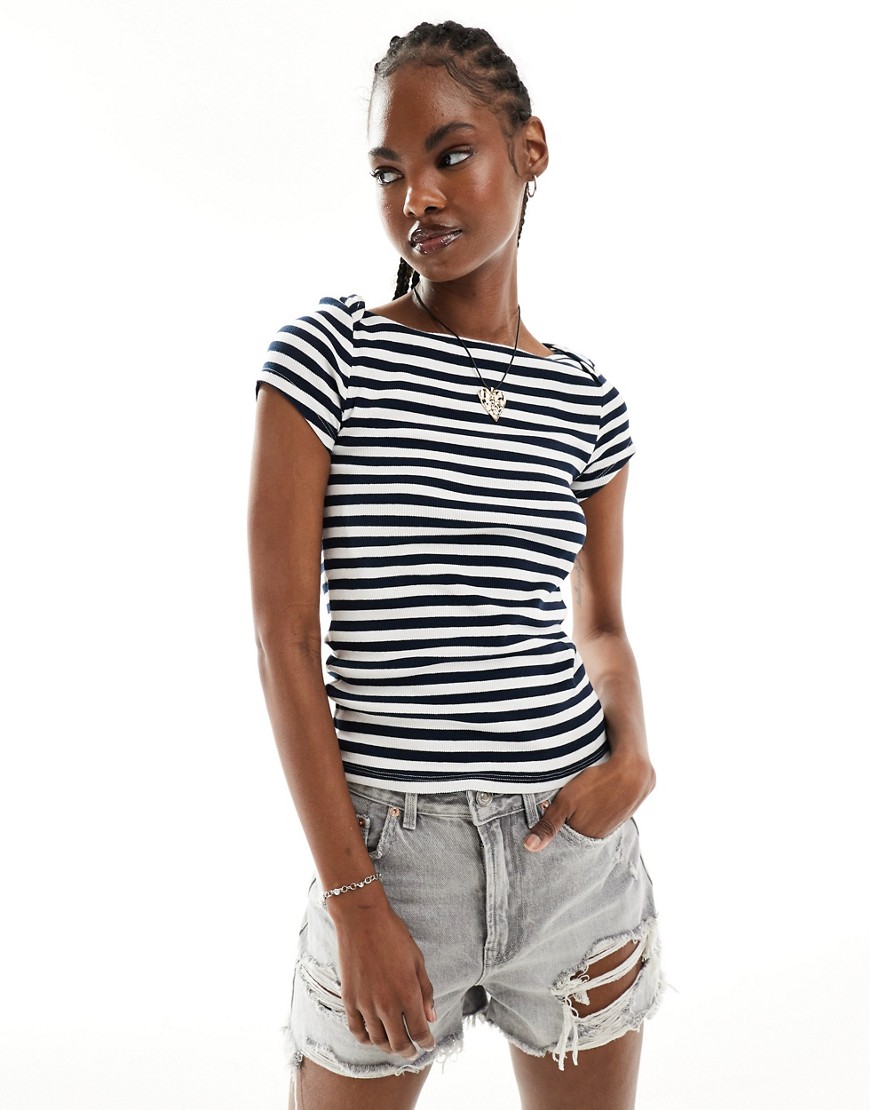Monki fitted short sleeve top with boat neck in navy and white stripe-Multi