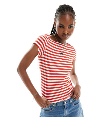 Monki fitted short sleeve top with boat neck in red and white stripes