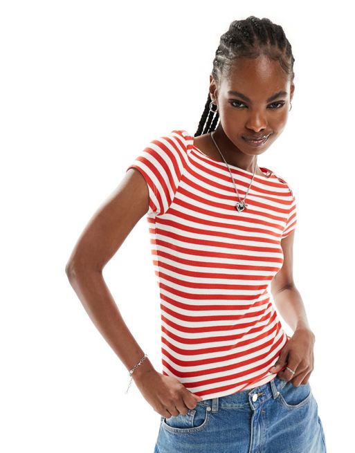 Monki fitted short sleeve top with boat neck in red and white stripes