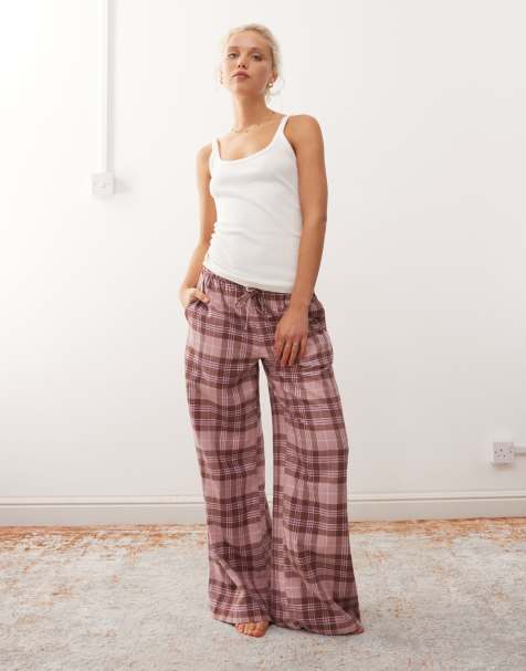 Monki flannel pajama pants in burgundy plaid - view 1