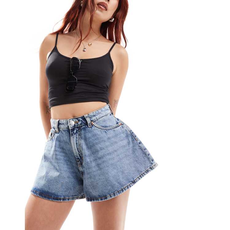 Monki flare denim shorts in two tone mid blue wash ASOS