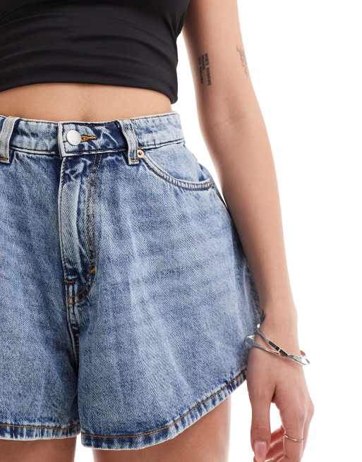 Monki flared denim shorts in two tone mid blue wash | ASOS