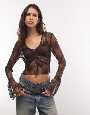 Monki Long Sleeve Sheer Lace Top In Brown