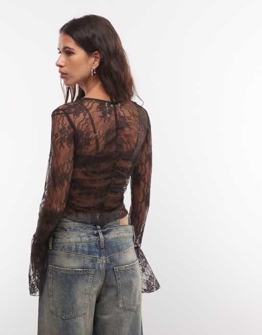 Monki flared sleeve lace sheer top in dark brown, 4 of 4