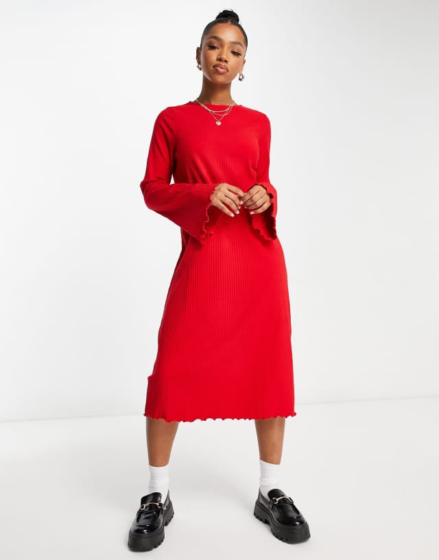 Monki flared sleeve midi dress in red