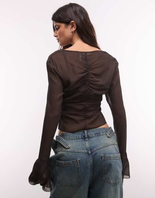 Monki flared sleeve ruched sheer top in dark brown, 2 of 4